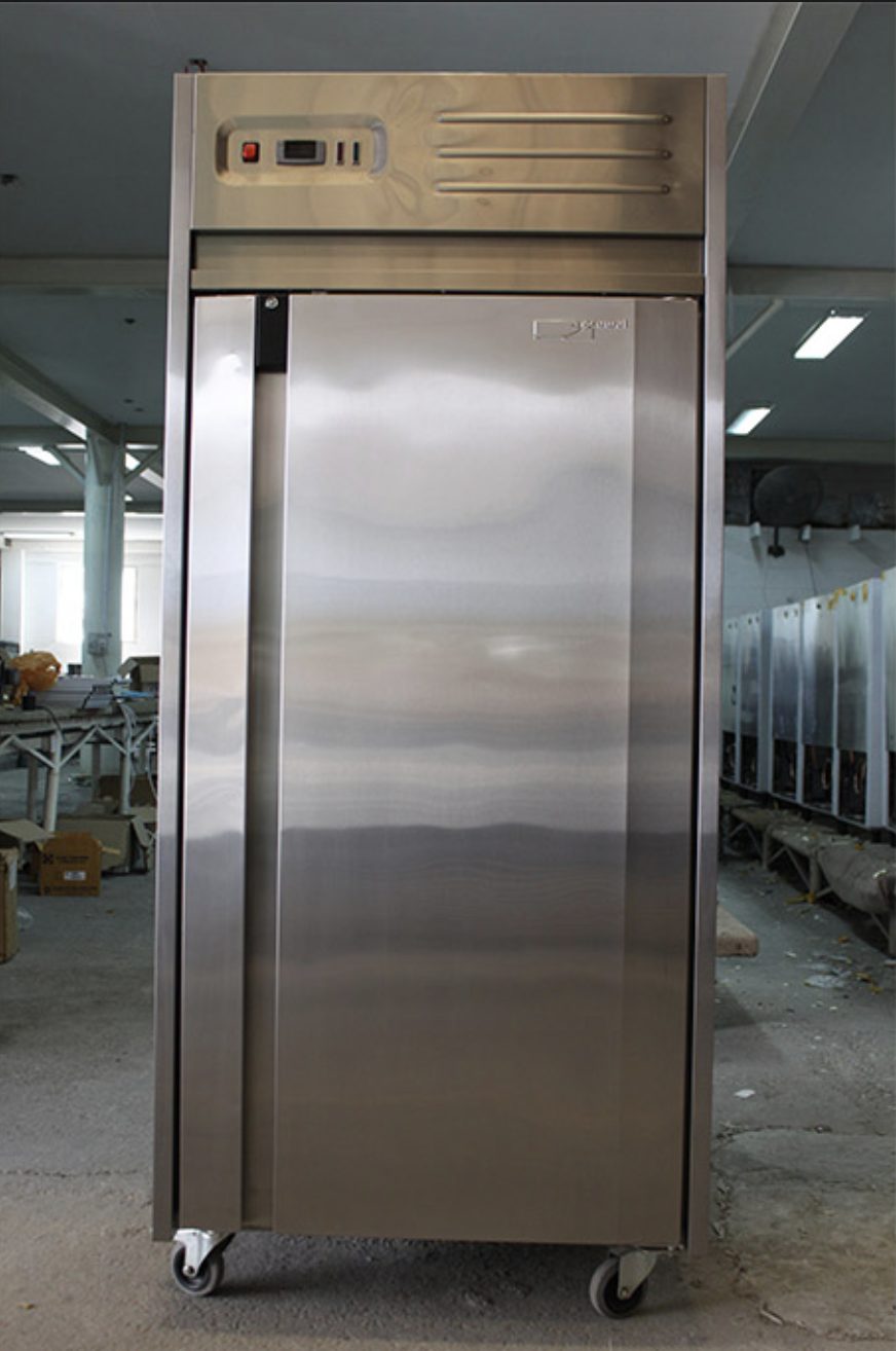 Upright single-door stainless steel refrigerator on wheels